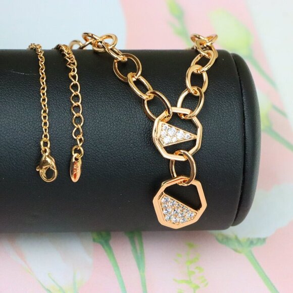 "Rose Gold Chunky Chain Necklace with Crystal Geometric Charms, XPNL1889 - Picture 5 of 12